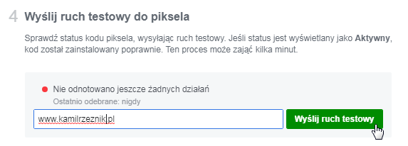 wysyłanie ruchu testowego do piksela facebooka