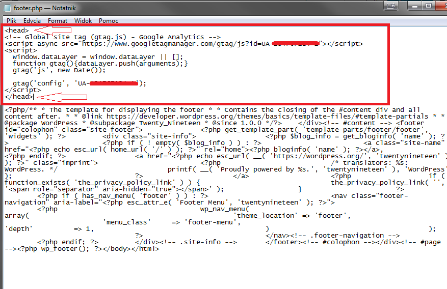 edycja pliku footer.php w wordpress dodanie kodu śledzenia analytics