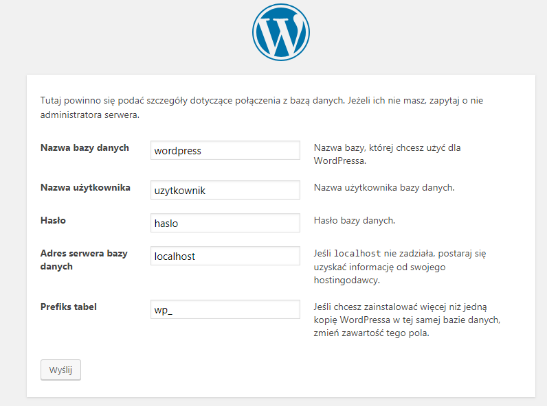 instalacja wordpressa dane do mysql