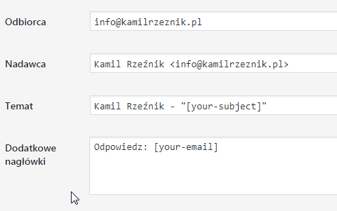 dane dotyczące maila na który ma być wysyłany formularz