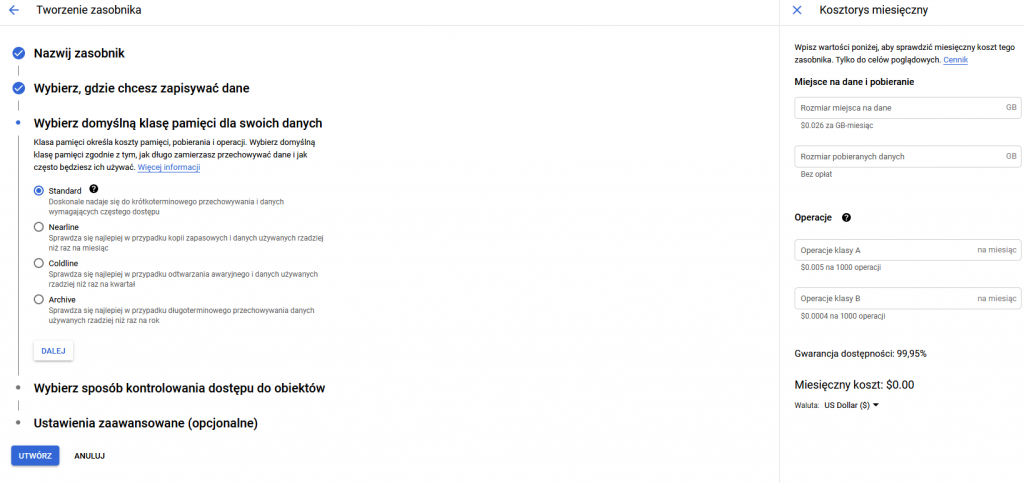 Kosztorys miesięczny usługi przechowywania danych w Google Cloud Platform