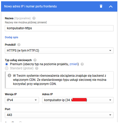 Konfiguracja frontendu: Równoważenie obciążenia (Google Cloud Platform)