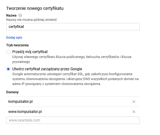 Konfiguracja frontendu: Równoważenie obciążenia (Google Cloud Platform)